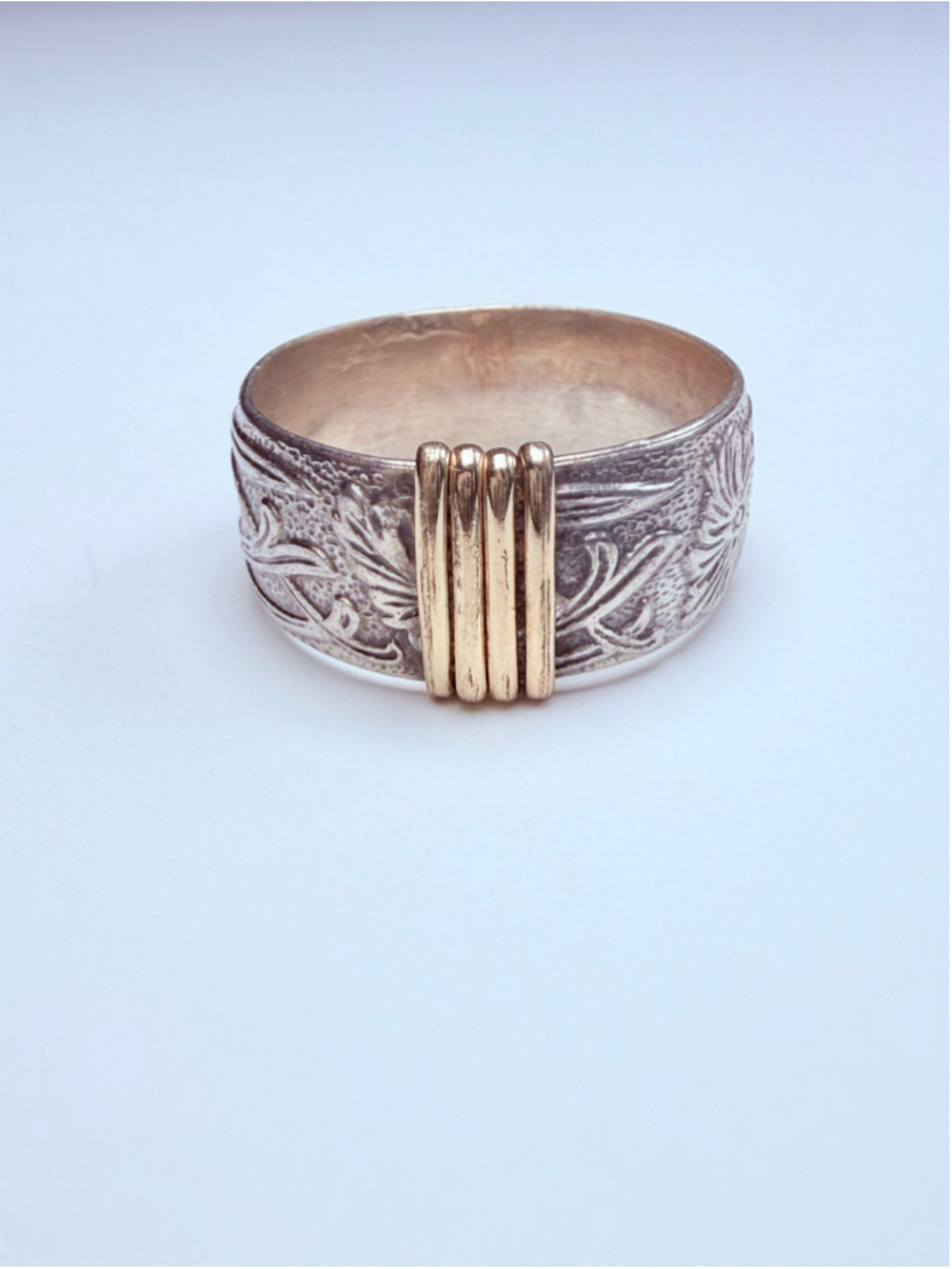 14K Yellow Gold Ornate Floral 925 Sterling Silver 7.5MM Old World Band VTG Ring